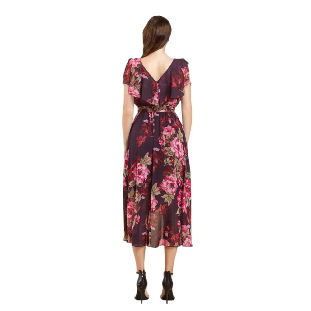 Plum and Red Roses Wrapped Ruffles Hi-Lo Midi Dress - Size 8 - Picture 4 of 8
